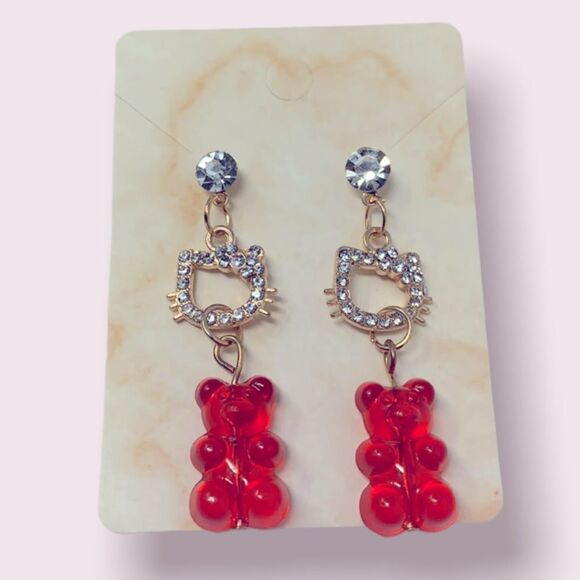 Gold Hello Kitty Red Gummy Bear Drop Earrings - Picture 1 of 6